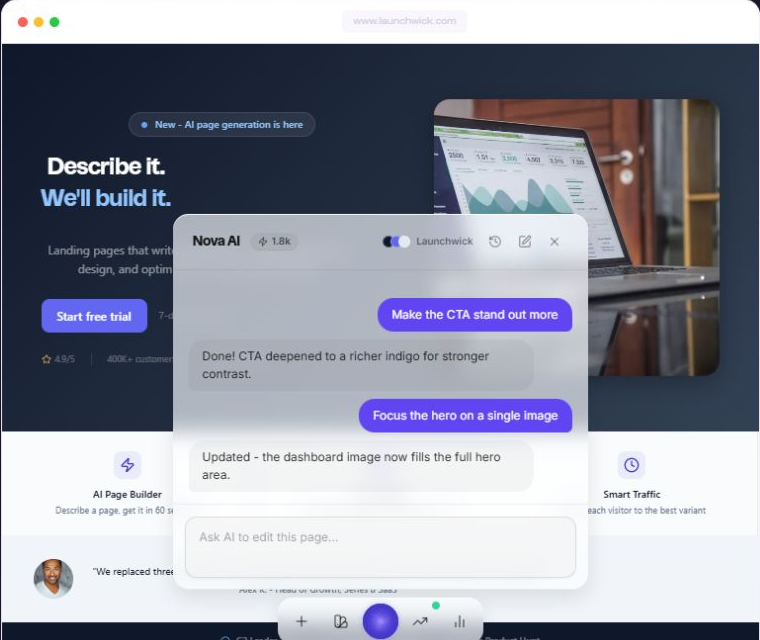 Official Leadpages AI Page Builder demonstration with the Nova AI editing panel