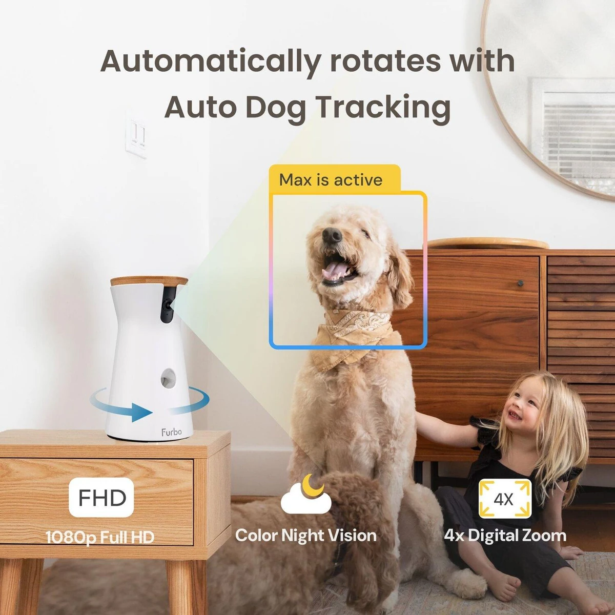Furbo 360 degree dog camera rotating beside a dog