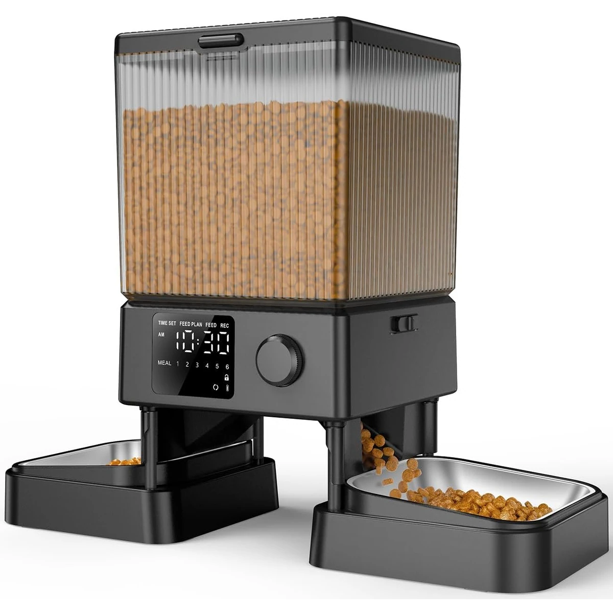 Black oneisall H1 automatic feeder with a five litre hopper and two stainless-steel bowls